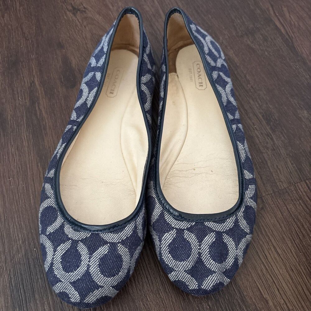 Coach Portia Ballet Flats Logo BlueWhite Op Art Canvas Leather Trim Square Toe 8
